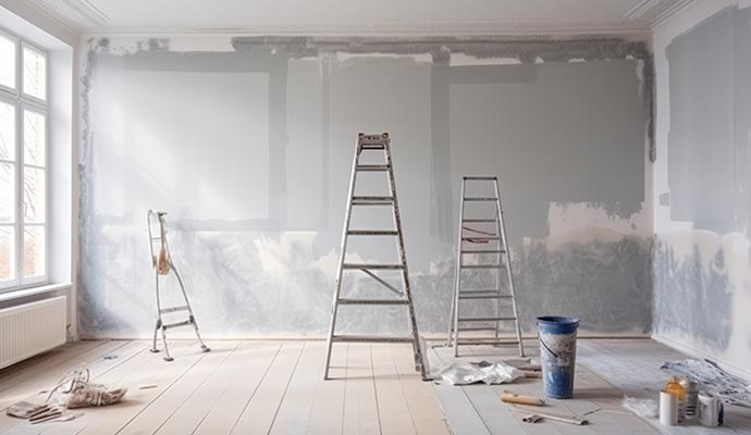 Room with ladders and paint supplies